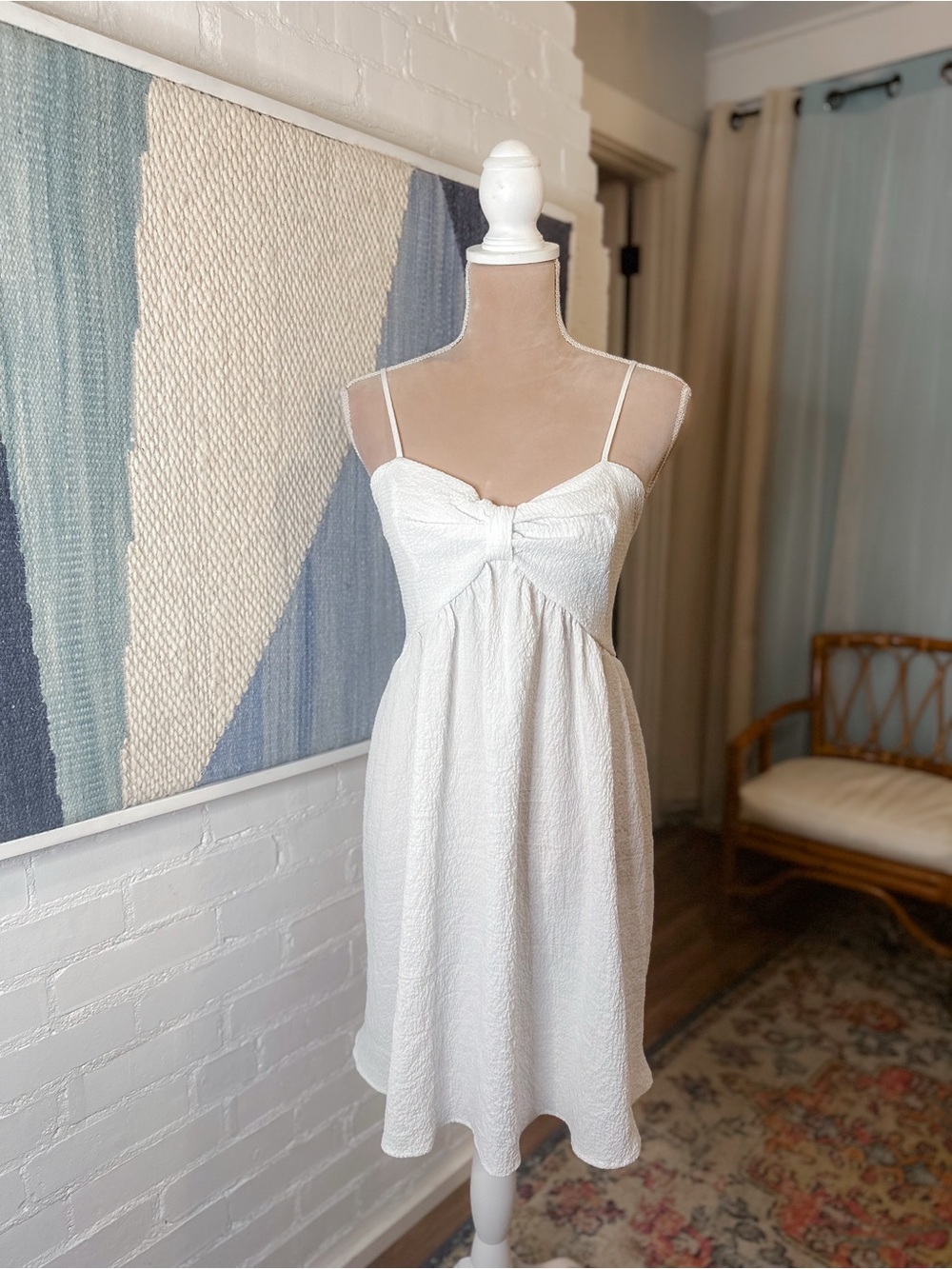 White Textured Spaghetti Strap Bow Sundress